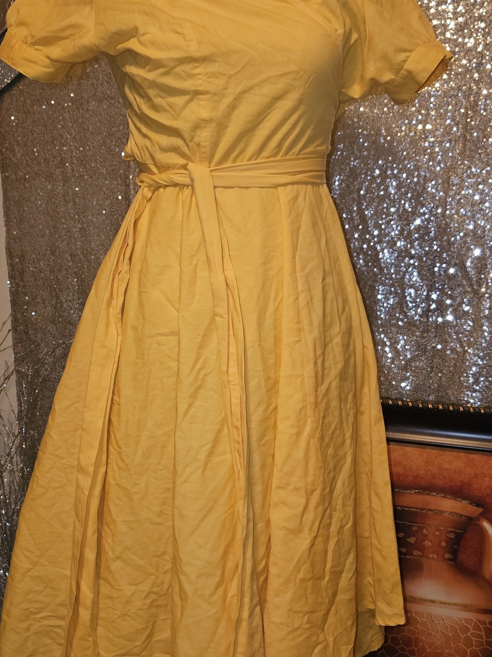 Women's Yellow Tie-Waist Midi Dress XL (14)